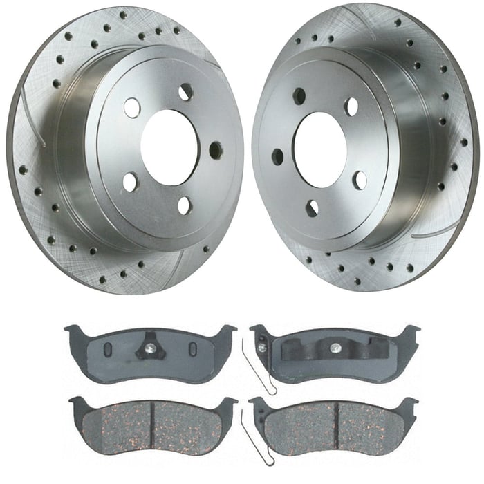 AutoShack Rear Drilled Slotted Brake Rotors Silver and Ceramic Pads Kit Driver and Passenger Side Replacement for 2003-2007 Jeep Liberty 2004 2005 2006 TJ Wrangler 2.4L 2.8L 3.7L 4.0L V6 4WD RWD