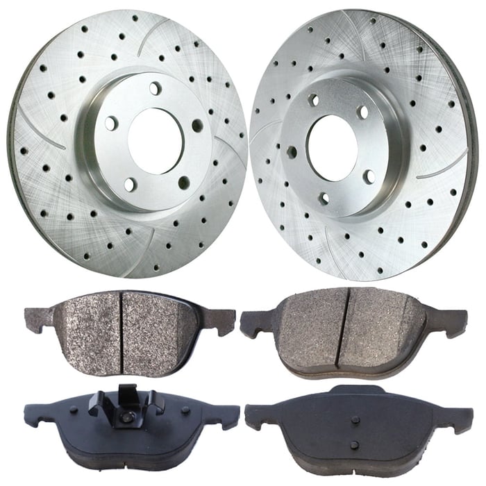 AutoShack Front Drilled Slotted Brake Rotors Silver and Ceramic Pads Kit Driver and Passenger Side Replacement for 2004-2013 Mazda 3 2006-2010 2012-2017 Mazda 5 2010 Mazda 3 Sport FWD BRKPKG003588