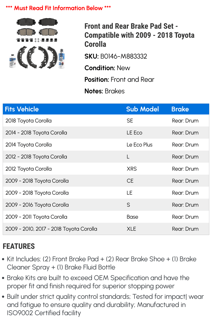 Front and Rear Brake Pad Set - Compatible with 2009 - 2018 Toyota Corolla 2010 2011 2012 2013 2014 2015 2016 2017